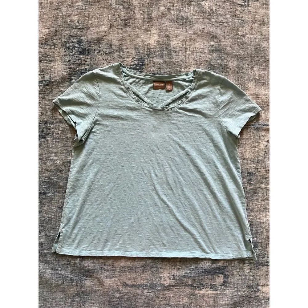 Chico's Pale Aquamarine Blue Slub Knit Strappy Neckline Tee Size 2 / Large